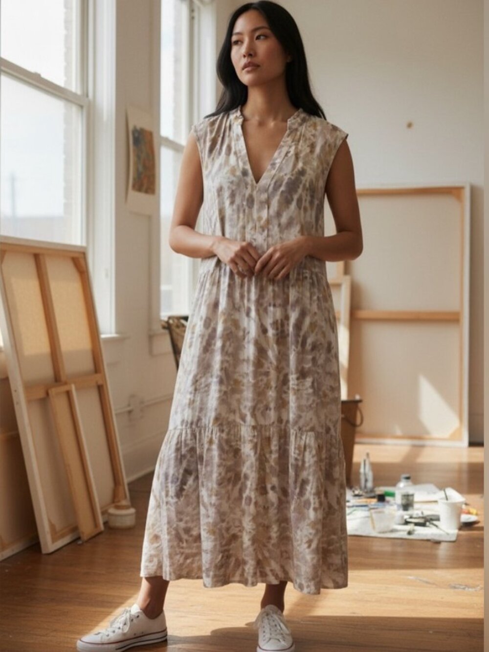 Johnny Was Calme Tiered Midi Dress Tie Dye Brown Cream Size M